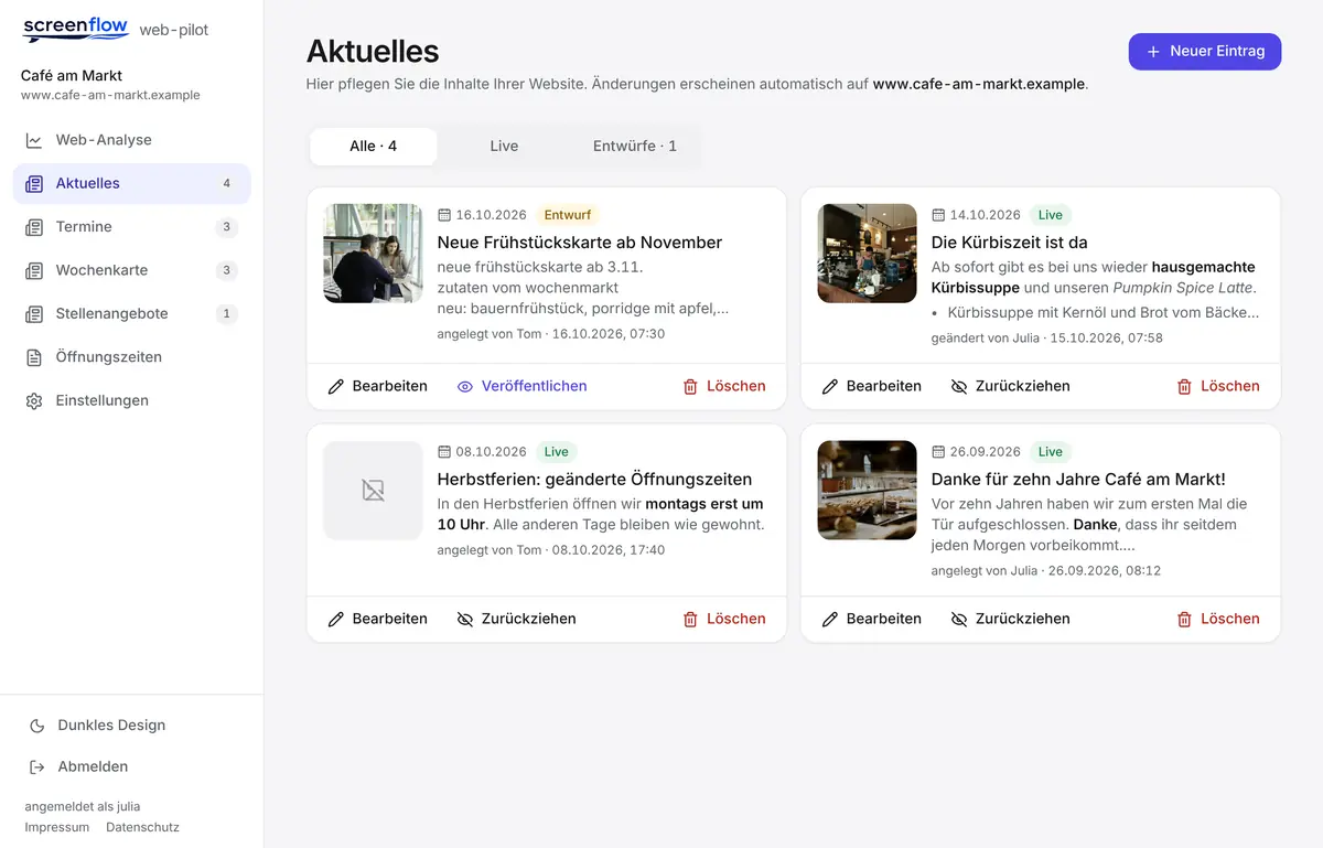 Die web-pilot-Konsole: Links die Bereiche Aktuelles, Termine, Wochenkarte, Stellenangebote und Öffnungszeiten, rechts vier Beiträge mit Bild, einer davon als Entwurf.